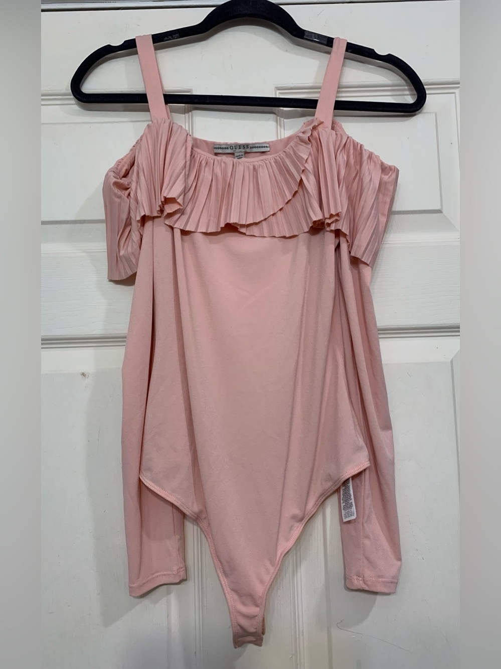 Guess Pink Ruffle Cold Shoulder Small Thong Bodysuit. 3879b